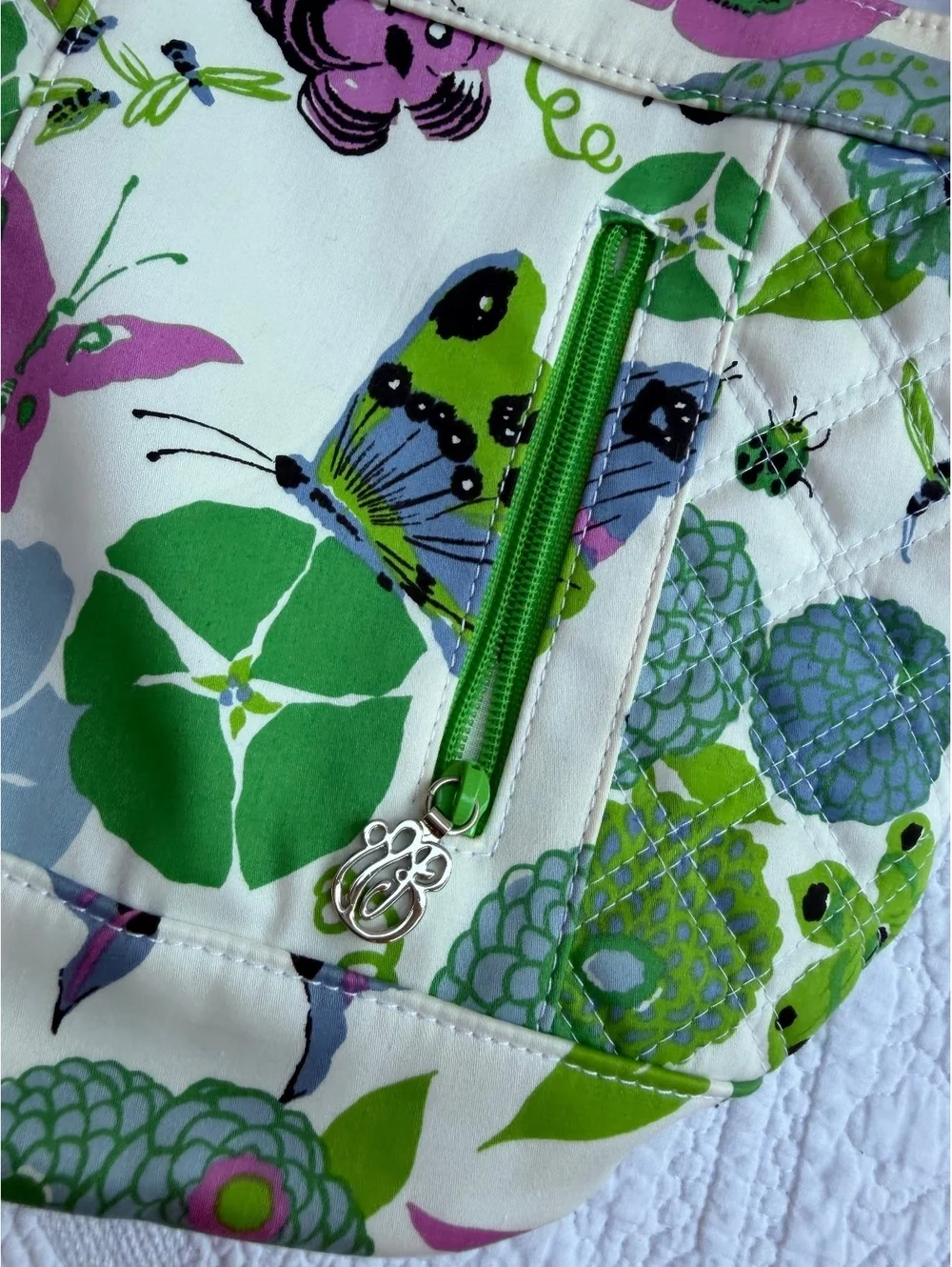 Vera Bradley Quilted Floral and Butterfly Print Shoulder Bag with Green Zipper